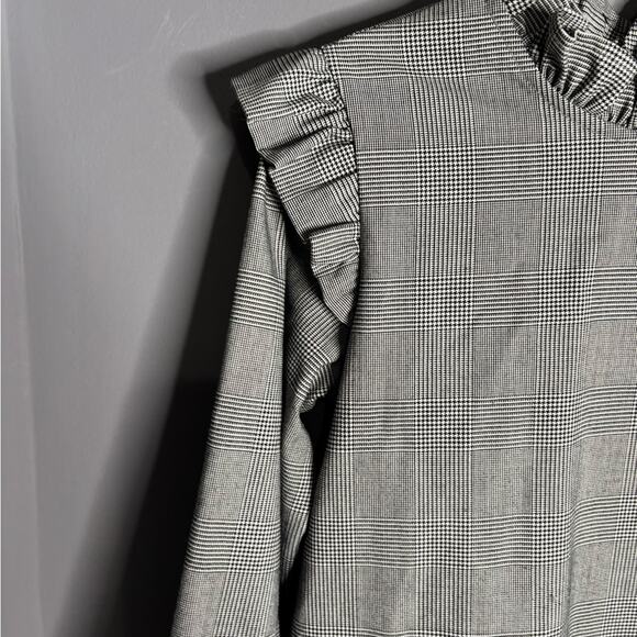 Mademoiselle d Black Houndstooth Print Long Sleeve High Neck Blouse Ruffle Sz 12 - Picture 4 of 8